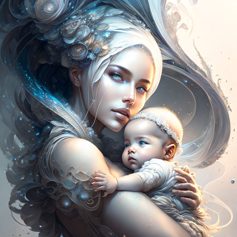 Fantastical image of woman cradling infant with ethereal features.