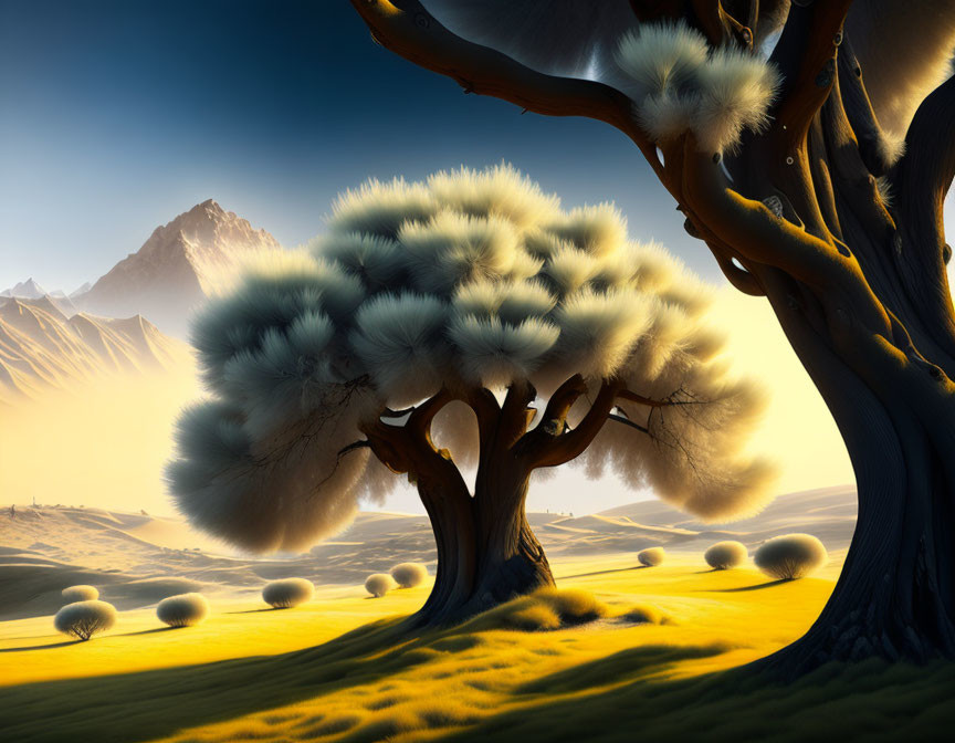 Surreal landscape with fluffy tree, round bushes, and mountain backdrop in golden sunset light