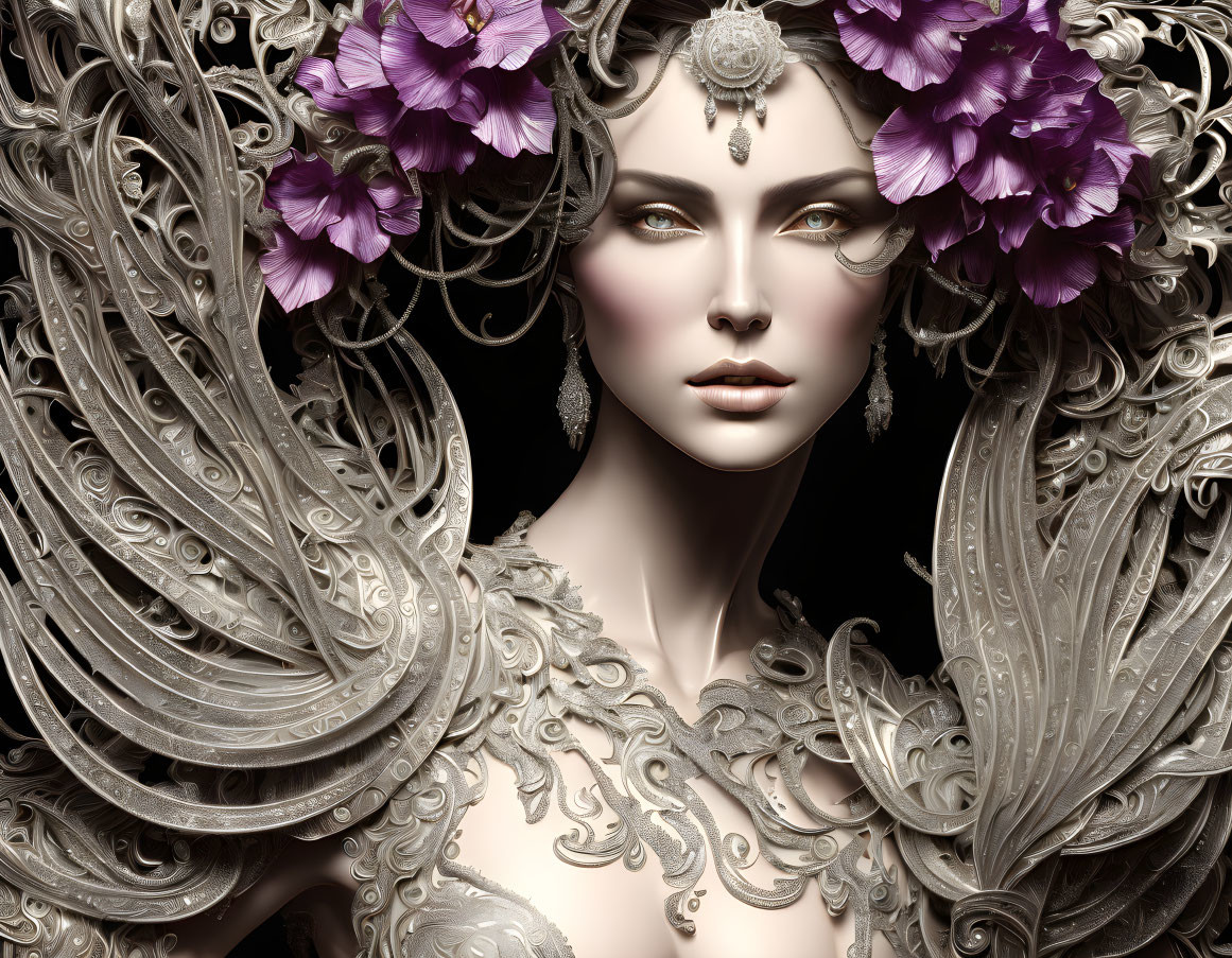 Fantasy-style portrait of a woman with metallic embellishments and purple flowers