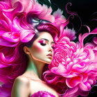 Serene woman portrait with intricate pink flowers