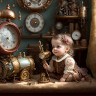 Steampunk-themed baby illustration with ornate gadgets and golden key