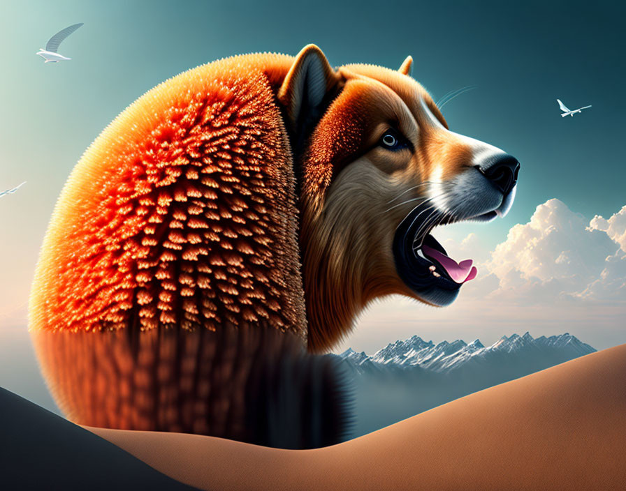 Surreal illustration: dog's head on hedgehog body in desert landscape