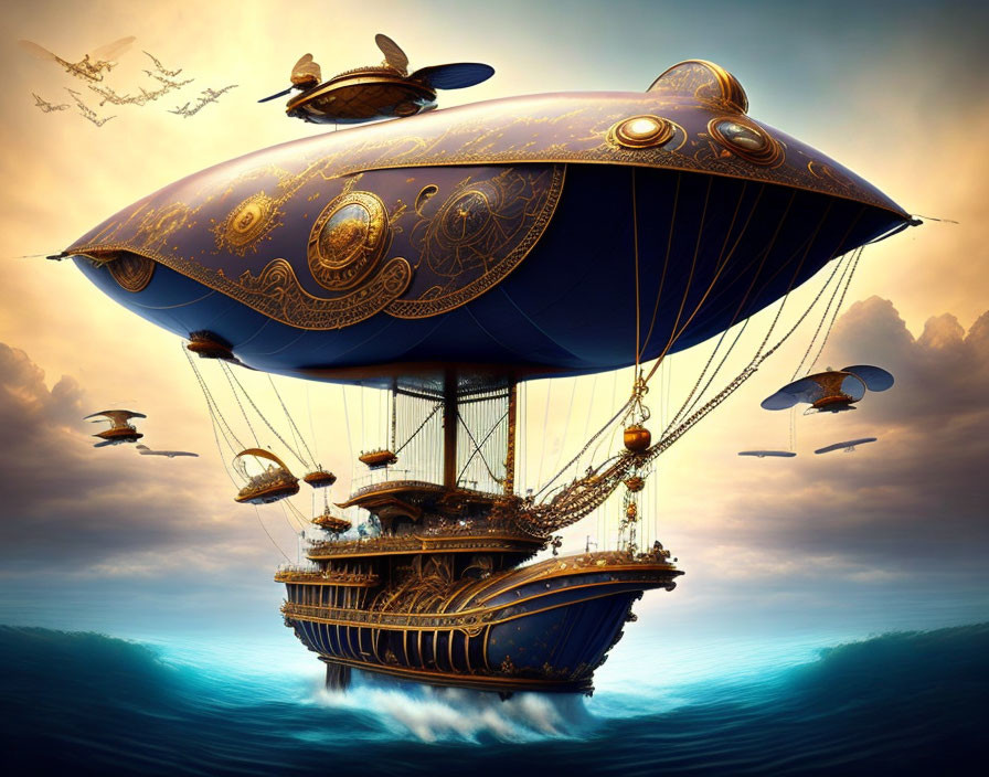 Ornate steampunk airship over ocean with flying contraptions