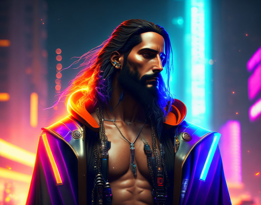 Stylized portrait of a bearded man in cyberpunk cityscape