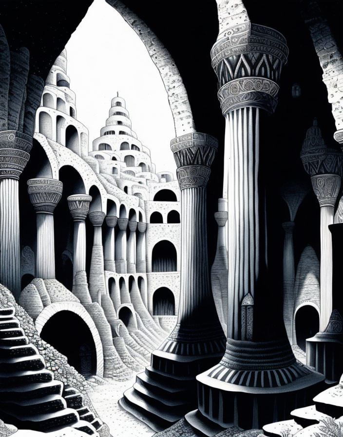 Detailed black and white fantasy architectural illustration with arches, staircases, and columns