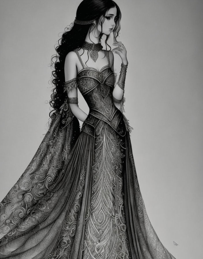 Detailed Monochrome Illustration of Woman in Flowing Gown and Elegant Jewelry