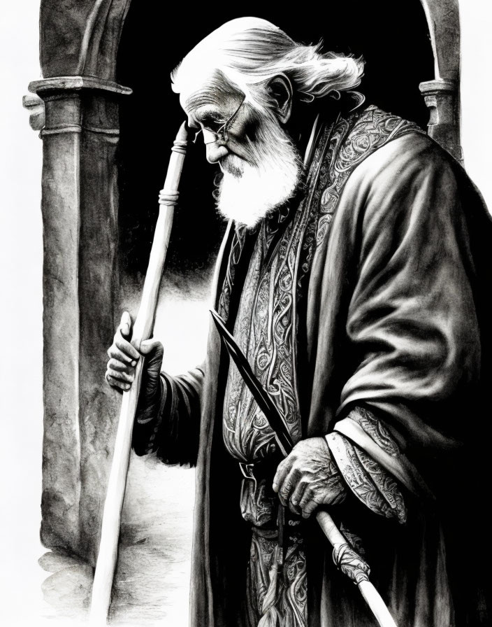 Elderly man in ornate robes with staff and sword by stone columns