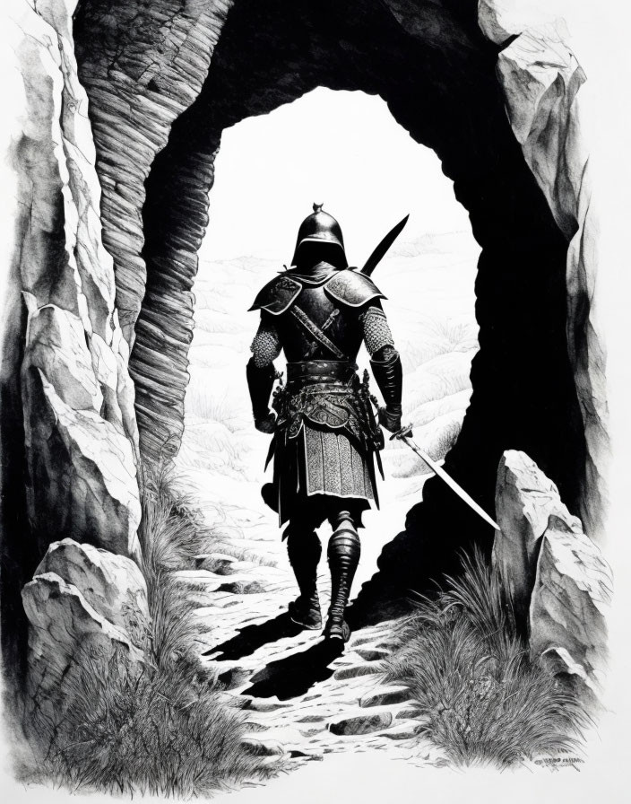 Knight in full armor with sword and spear walking towards light in rocky cave.