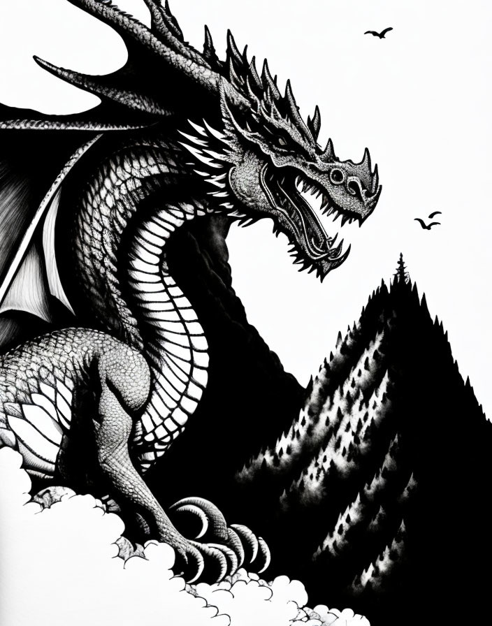 Majestic dragon perched on mountains in black and white ink drawing