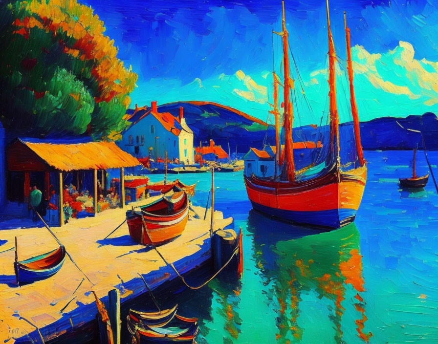 Colorful expressionist painting: Harbor scene with red-sailed boats, reflecting in water