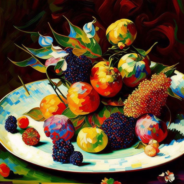 Colorful Fruit Arrangement Painting with Apples, Berries, and Flowers