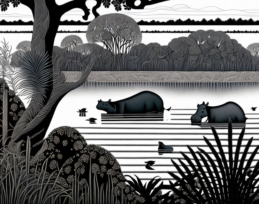 Monochromatic stylized illustration of hippos in river with dense vegetation and wildlife.