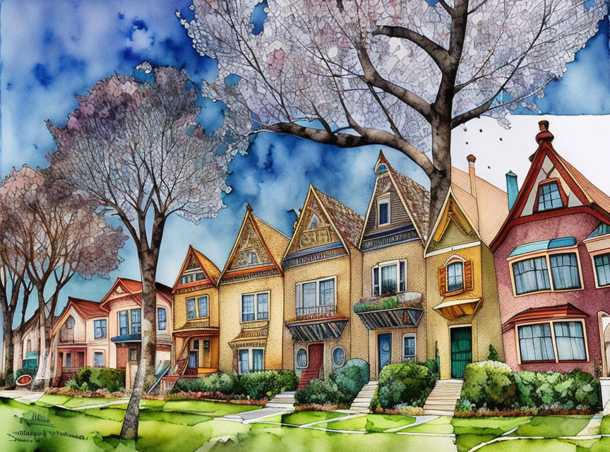 Victorian houses in a row under blue sky with blooming trees