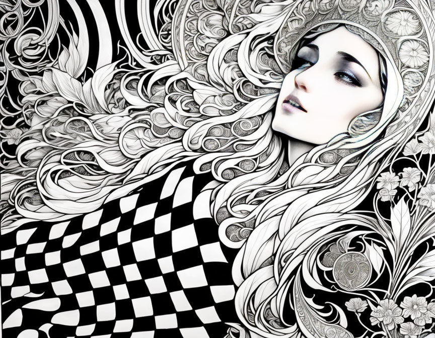 Monochromatic artwork of woman with intricate patterns and checkered floral design