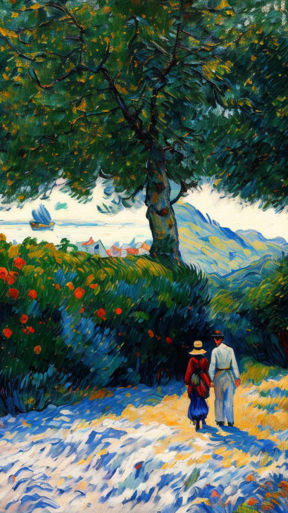 Colorful painting of couple walking under tree with sailboats in distance