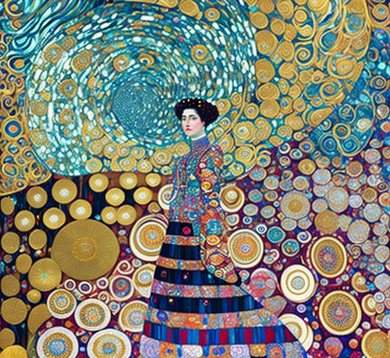 Colorful artwork of a woman in patterned dress with swirling golden designs