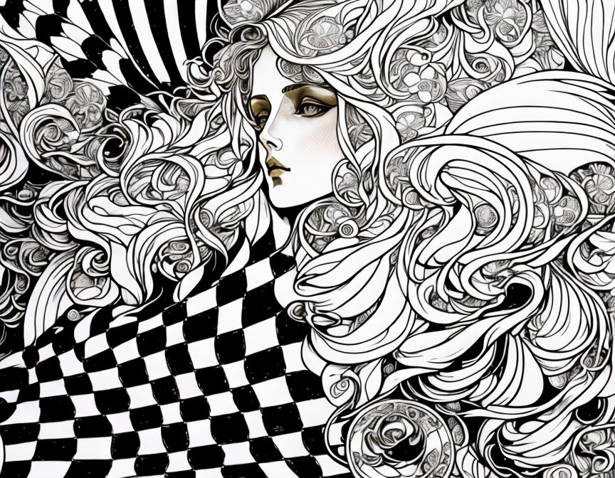 Detailed black and white illustration of woman with flowing hair and abstract patterns on checkered backdrop