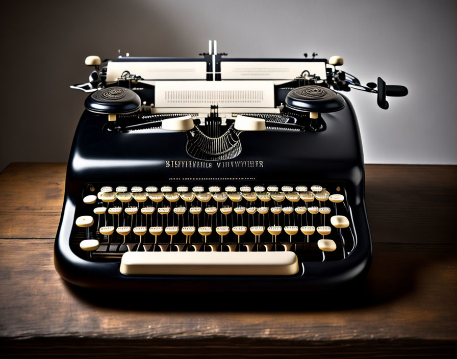 Vintage Black Typewriter on Wooden Desk