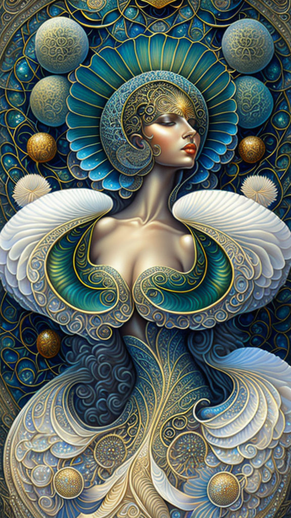 Stylized woman with ornate headdress in celestial-themed artwork