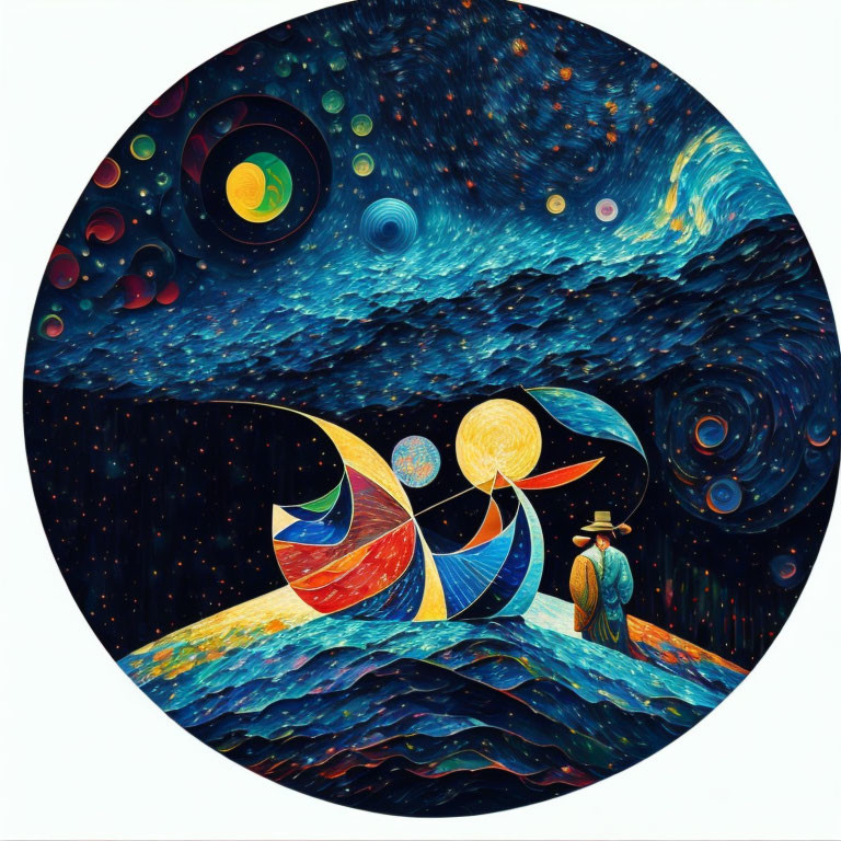 Colorful Boat Painting on Wavy Sea with Cosmic Background