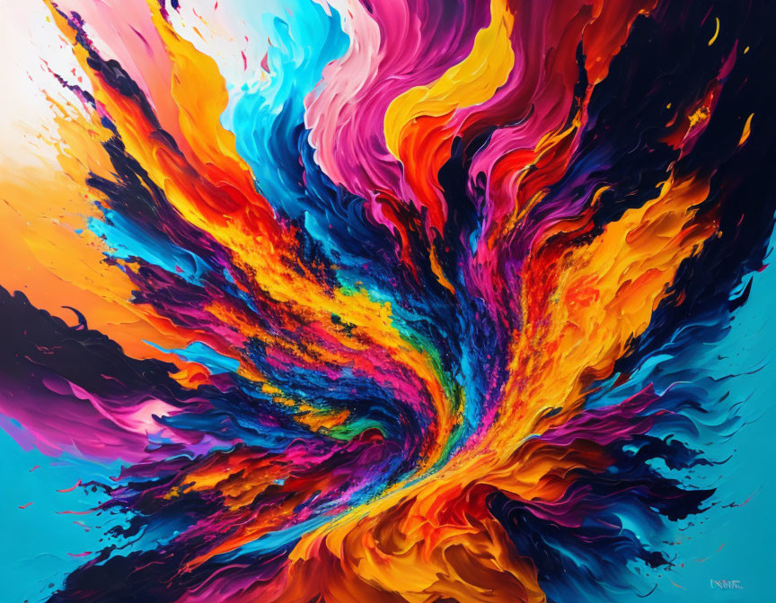 Colorful Abstract Painting with Swirling Blue, Pink, Orange, and Yellow Tones