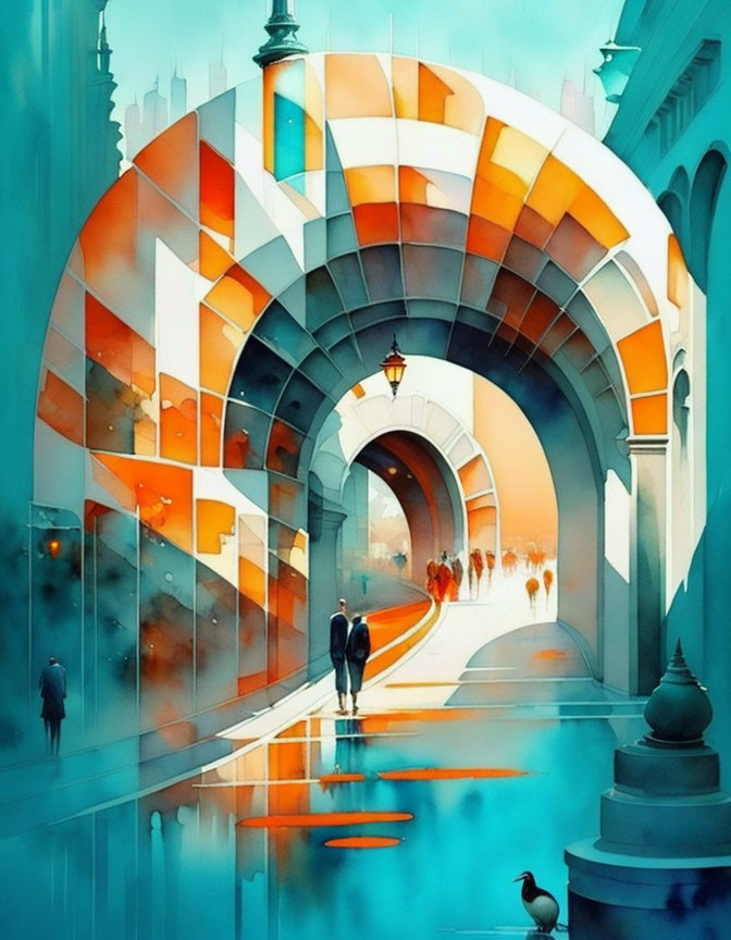 Colorful watercolor painting of archway reflecting on water with silhouettes.