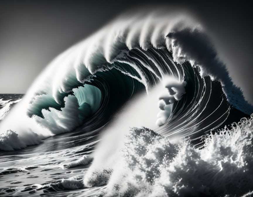 Monochromatic image of dynamic curling wave with spray and froth