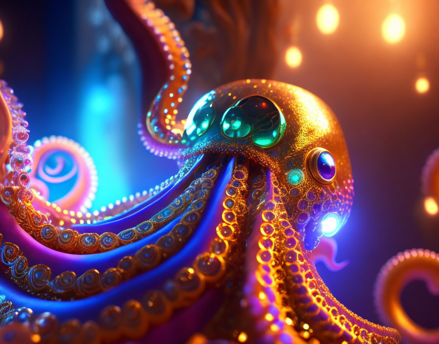 Colorful Octopus Digital Illustration with Reflective Eyes and Swirling Tentacles