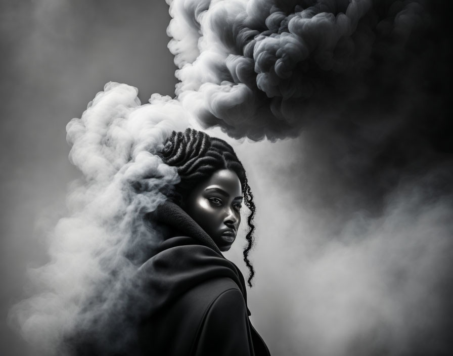 Monochrome portrait of person with voluminous cloud-like hair, intense gaze, against smokey background