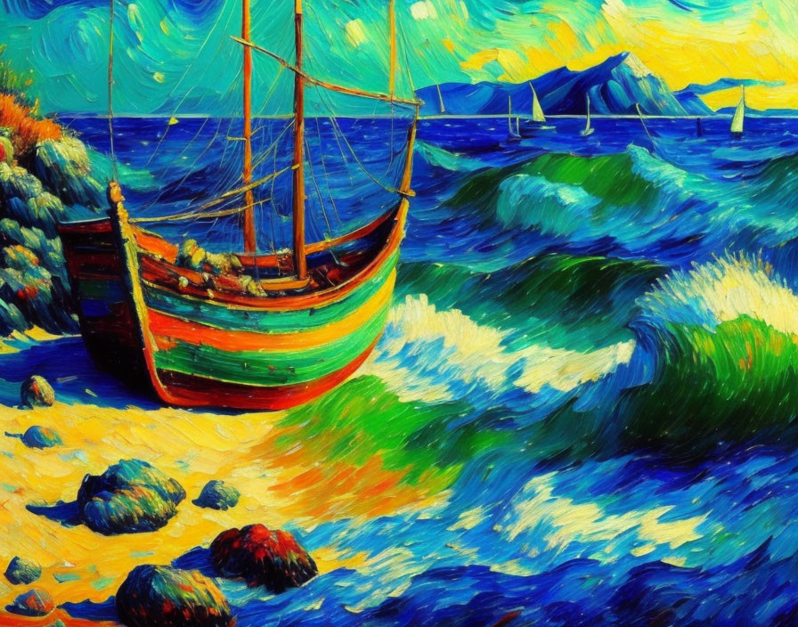 Vivid painting of boat on sandy shore with blue waves and mountains