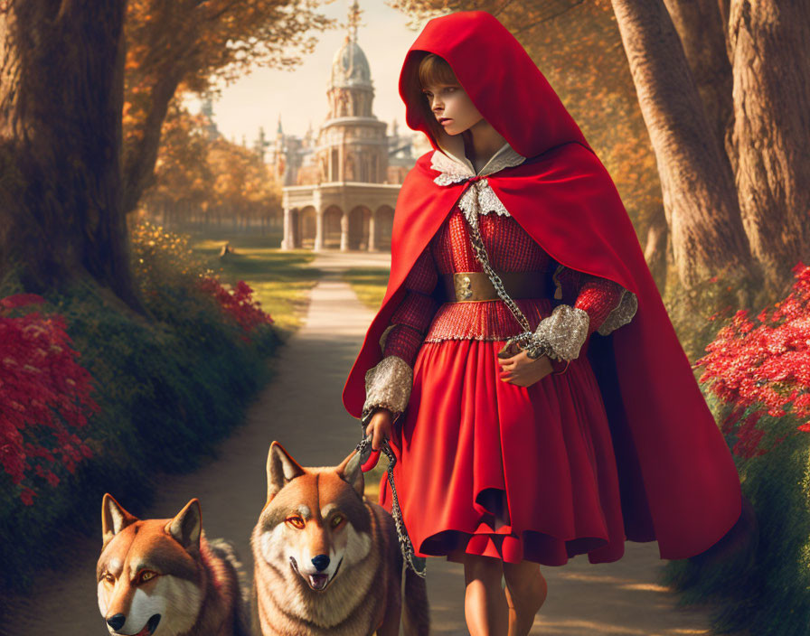 Person in red cloak with two wolves on path near castle surrounded by trees & flowers