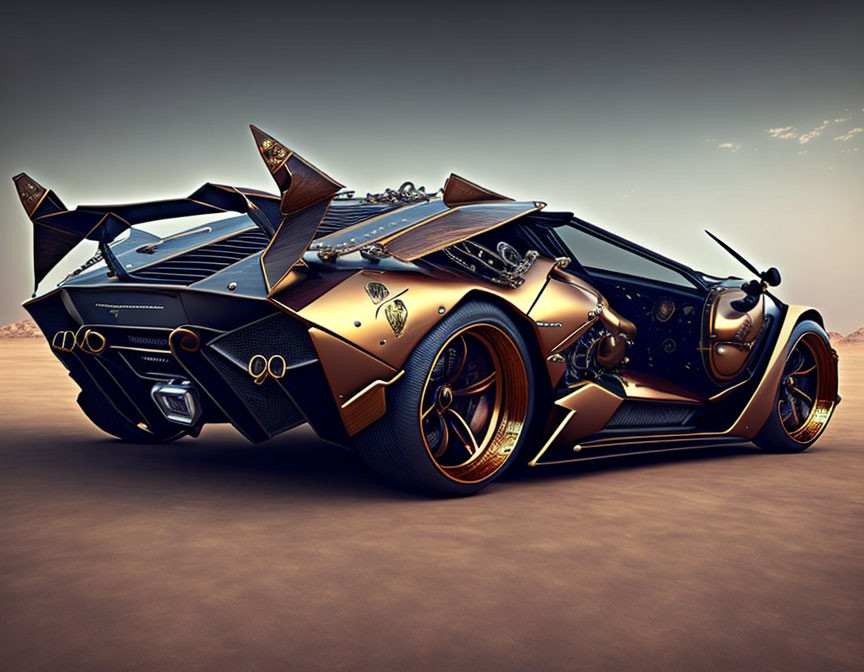 Black and Bronze Futuristic Sports Car on Desert Background