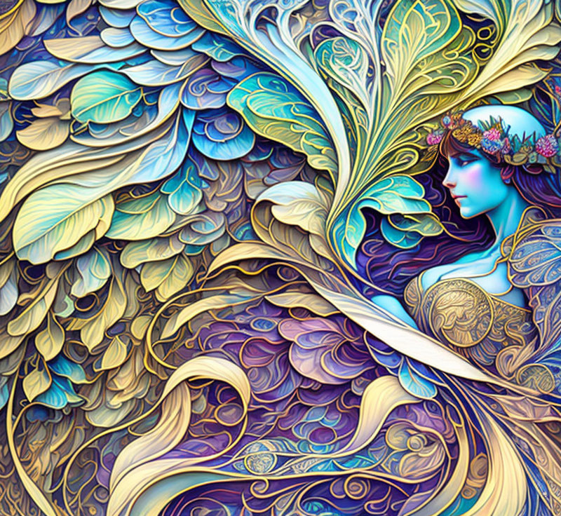 Colorful illustration of person with blue skin and golden headdress merging with abstract feather-like elements