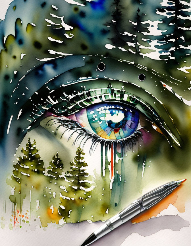 Detailed Watercolor Painting of Eye with Pine Forest Reflection