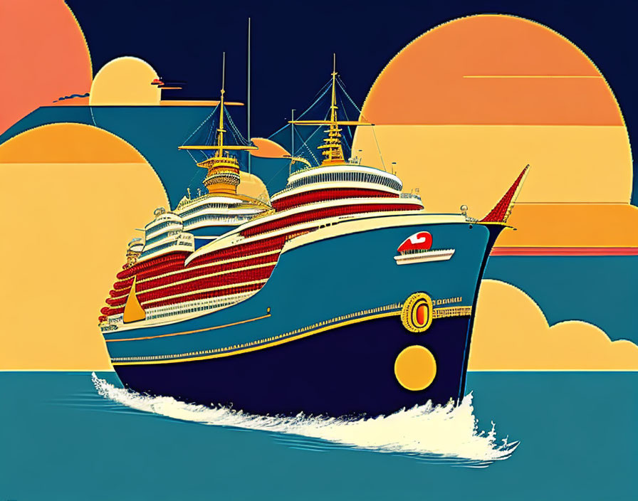 Stylized illustration of blue ocean liner with red and white stripes on sea with yellow and orange sun