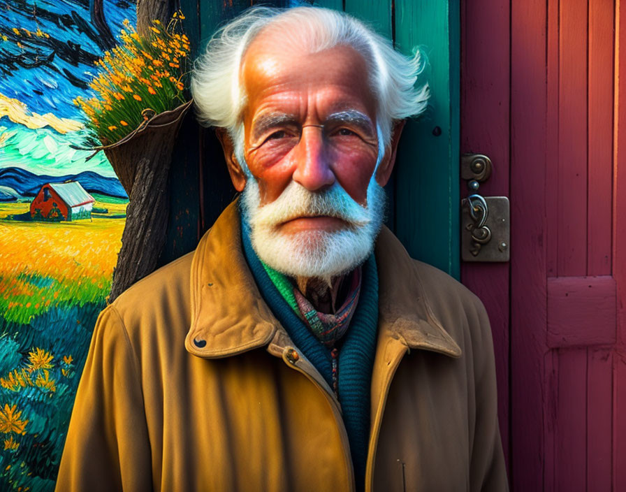 Elderly Man in Tan Jacket by Colorful Painting