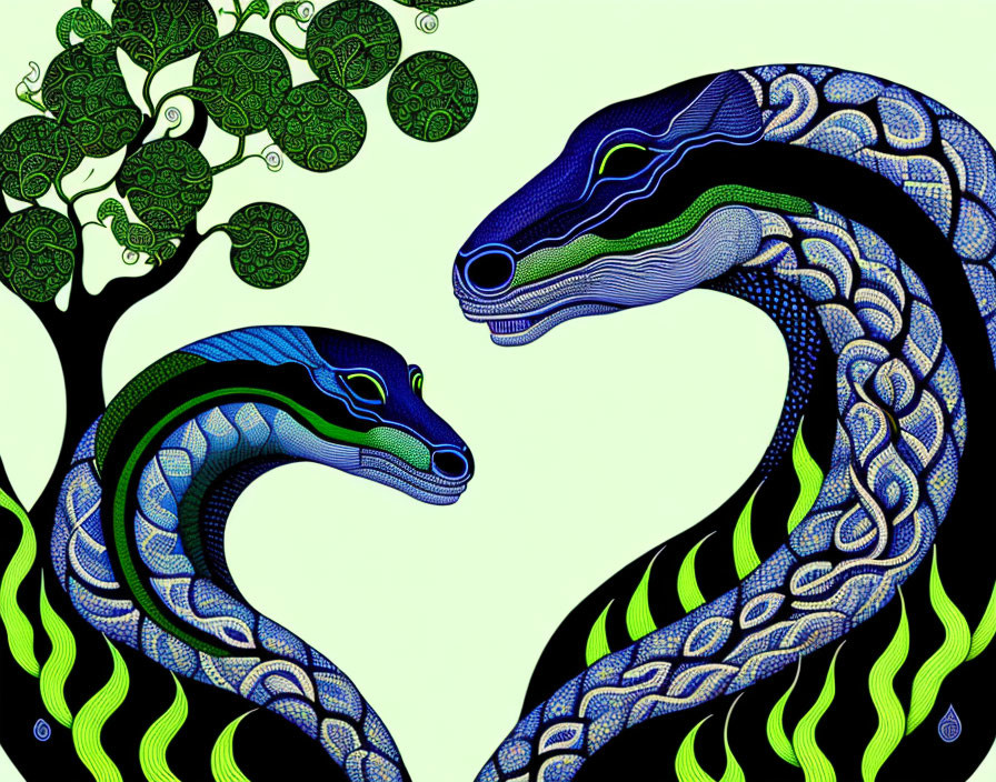 Detailed Stylized Illustration of Two Snakes Facing Each Other on Patterned Background