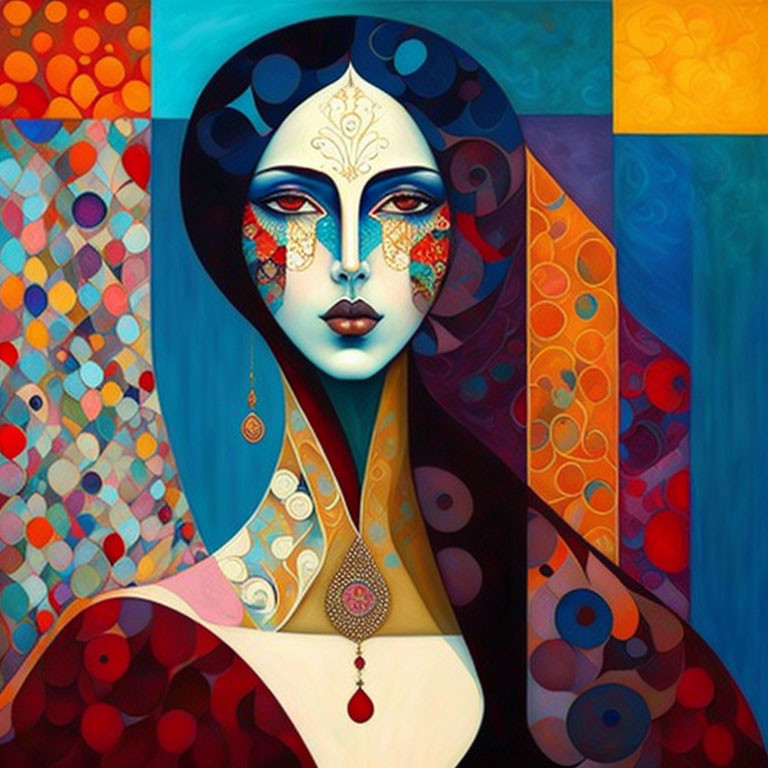 Colorful painting of woman with blue skin and intricate patterns against abstract background