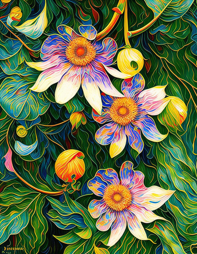 Colorful Flower Painting with Swirling Patterns & Dynamic Green Background