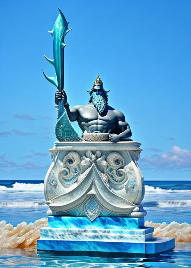 Blue warrior statue with trident on ornate pedestal