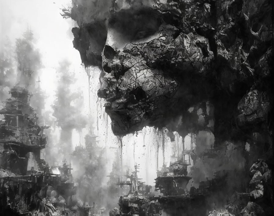 Monochrome fantasy landscape with giant face-like rock formation in misty ruins.