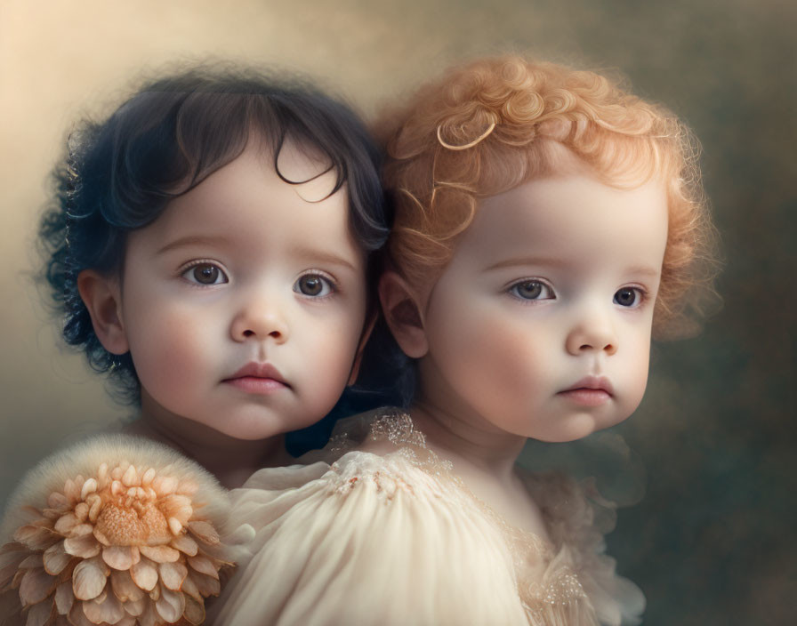 Children with expressive eyes in vintage-toned lighting