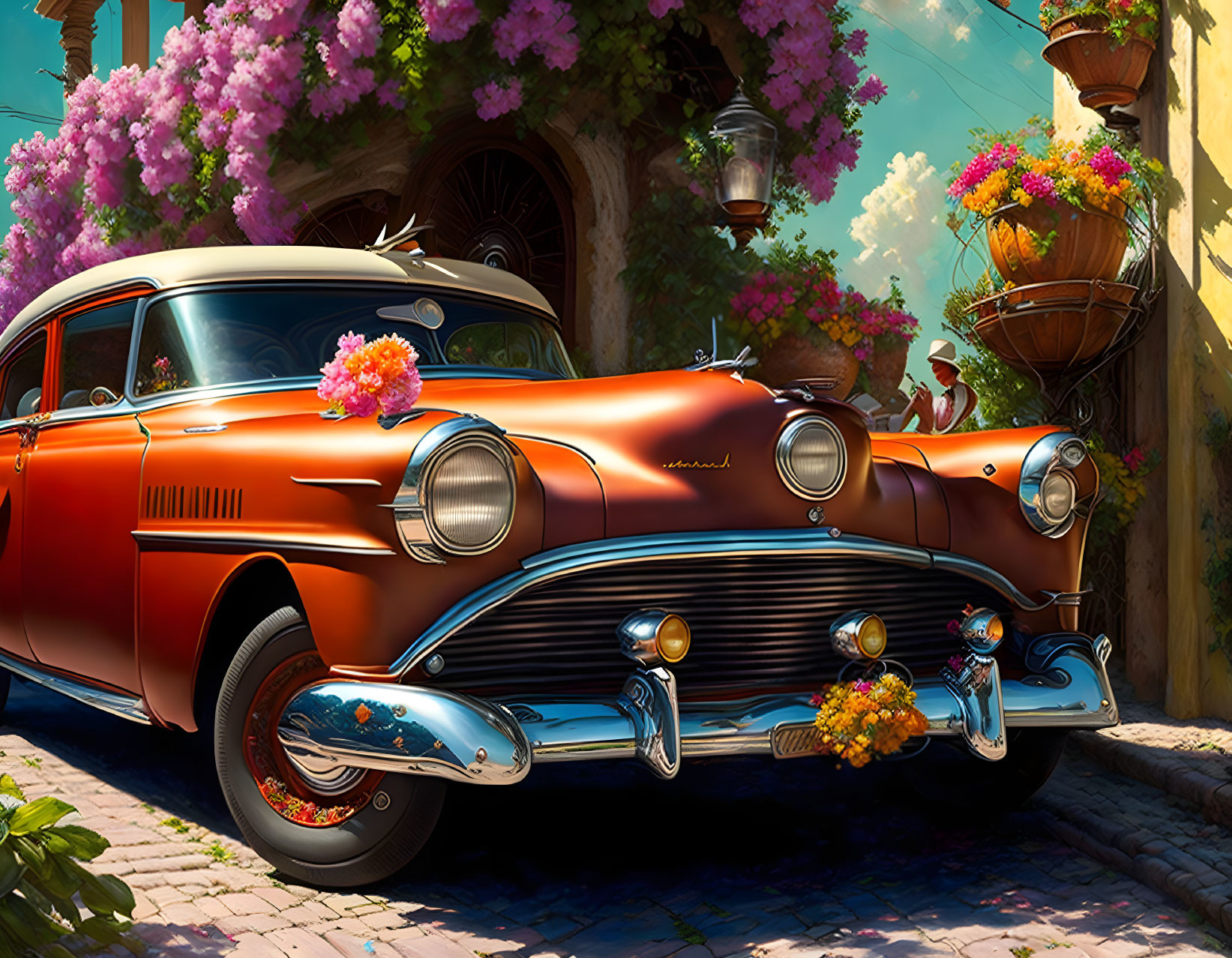 Vintage Red Car with Flowers in Quaint Alleyway and Italian Architecture