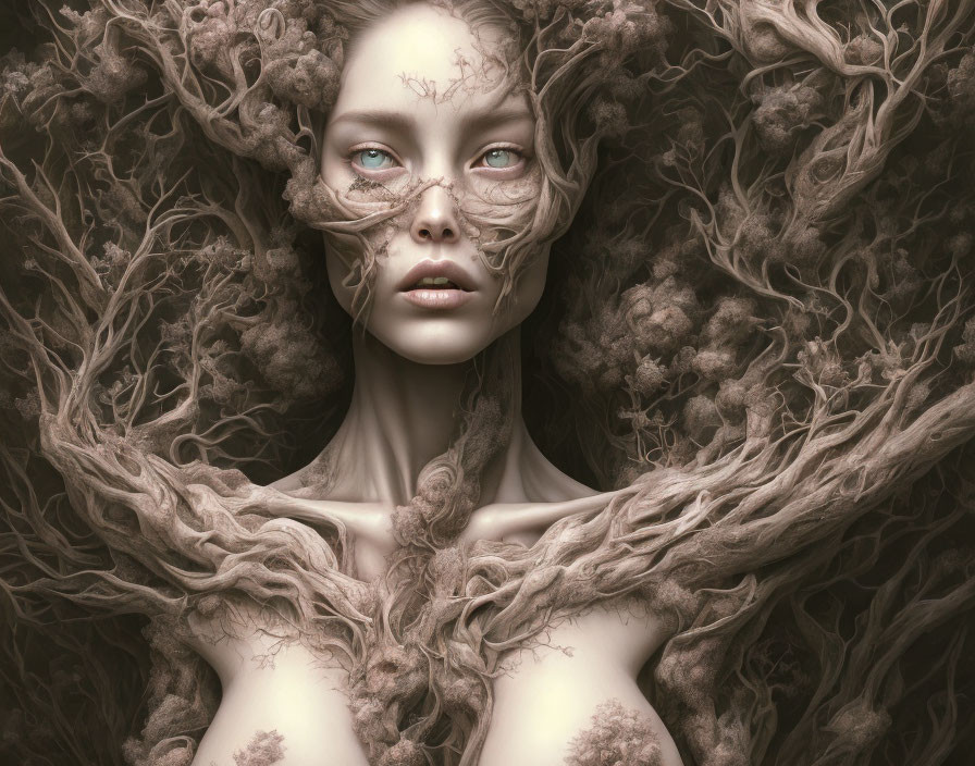 Surreal monochromatic portrait: woman with intertwining hair and branches