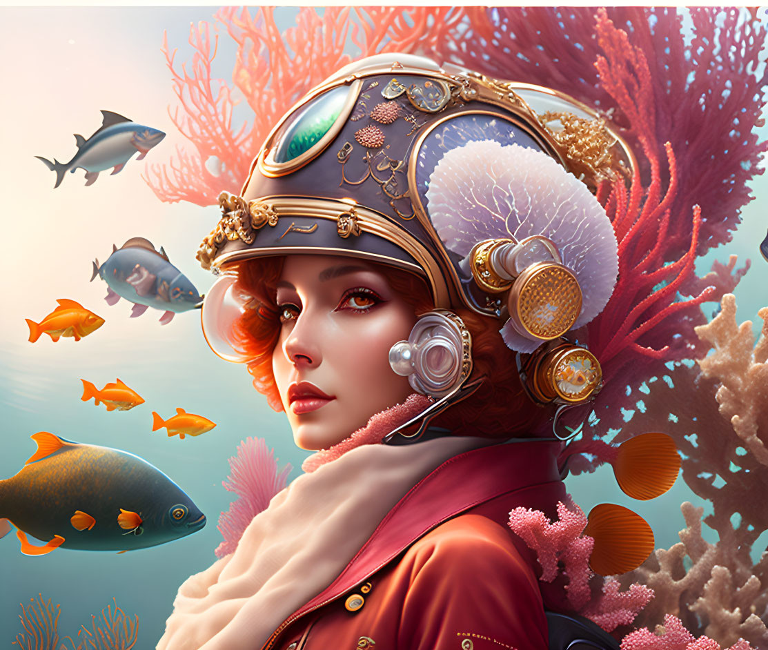 Woman in Vintage Diving Helmet with Oceanic Elements and Fish