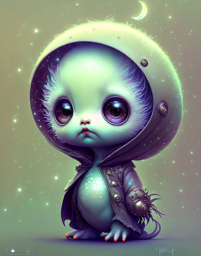 Wide-eyed alien in space helmet and suit with stars and moon.