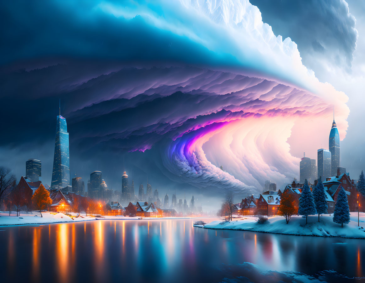 Vibrant twilight cityscape with surreal shelf cloud over snow-covered waterfront