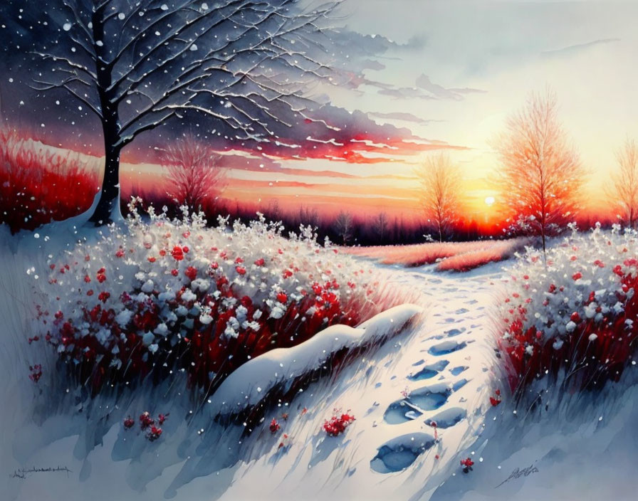 Winter sunset over snowy landscape with footprints, bare trees, red berries, colorful sky