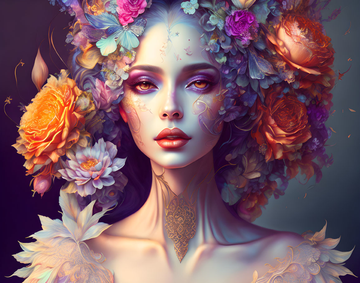 Digital art portrait of a woman with floral hair ornaments, vibrant flowers, and feather details.