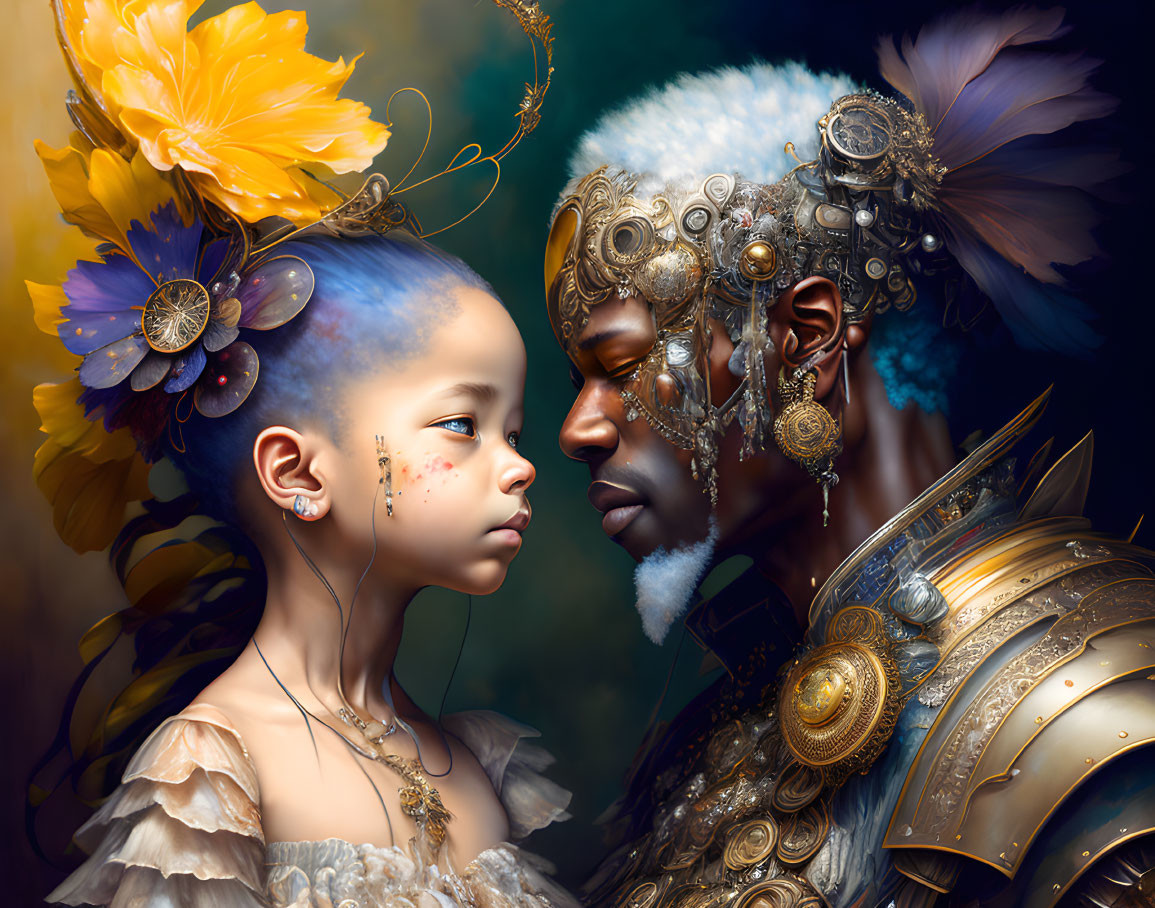 Digital artwork featuring young girl with blue hair and man in ornate golden armor